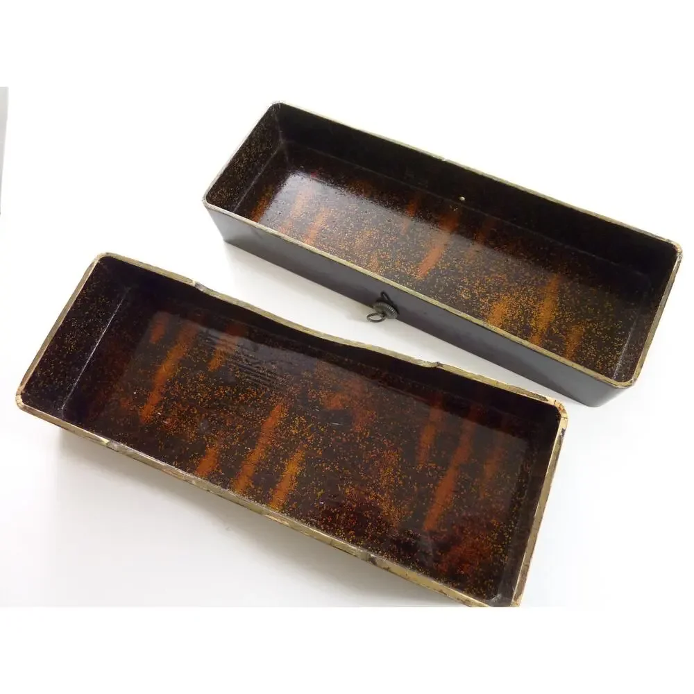 Antique Japanese Meiji Lacquer Fude bako Brush Box Hand Painted Bird Wood Box